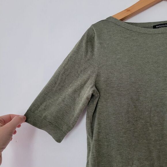 Banana Republic Stretch Cotton Olive Green Short Sleeve Sweater Boat Neck Small - Picture 5 of 5